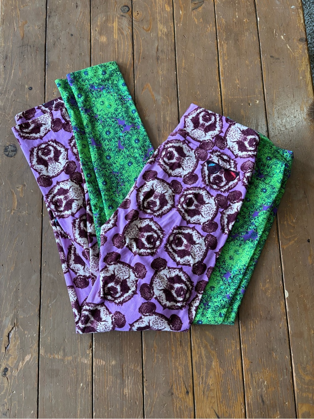 Lularoe Leggings OS Bundle Purple Bear and Green Floral